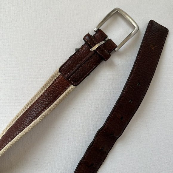 Belt 48 inches white textile brown leather size 40/100 - Picture 3 of 8